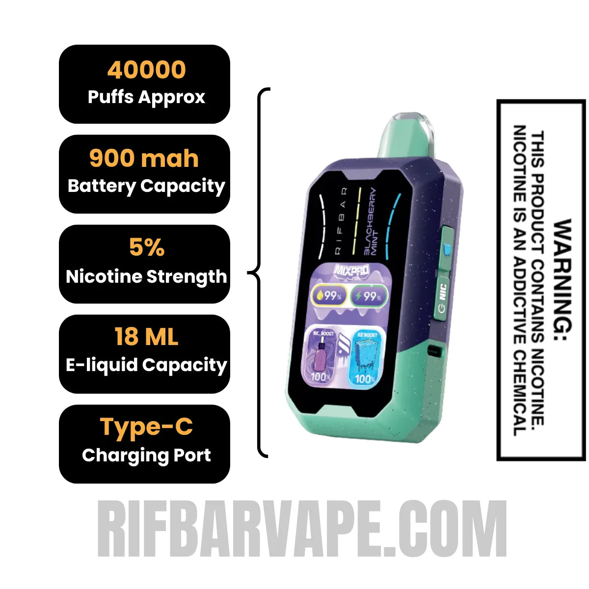 BlackberryMintRifbarMixProIceDisposableVapespecifications