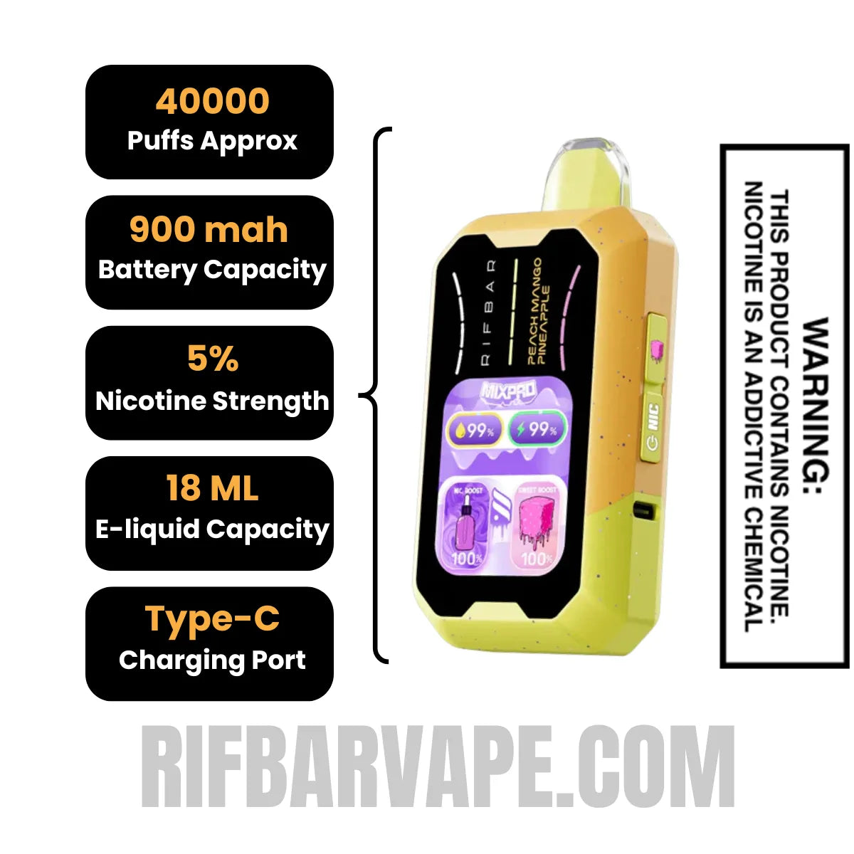 PeachMangoPineappleRifbarMixProSweetDisposableVapespecifications